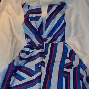 Cynthia Stefee white dress with blue, red, and navy blue stripe pattern